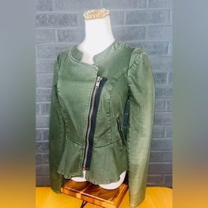 Free People Distressed Denim Peplum Asymmetrical Jacket Size 6